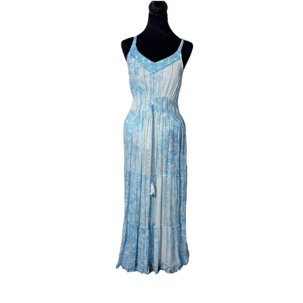 *Me 2 Magic Anthropologie Sz L Blue Crinkle Tiered Boho Maxi Dress With TASSELS!